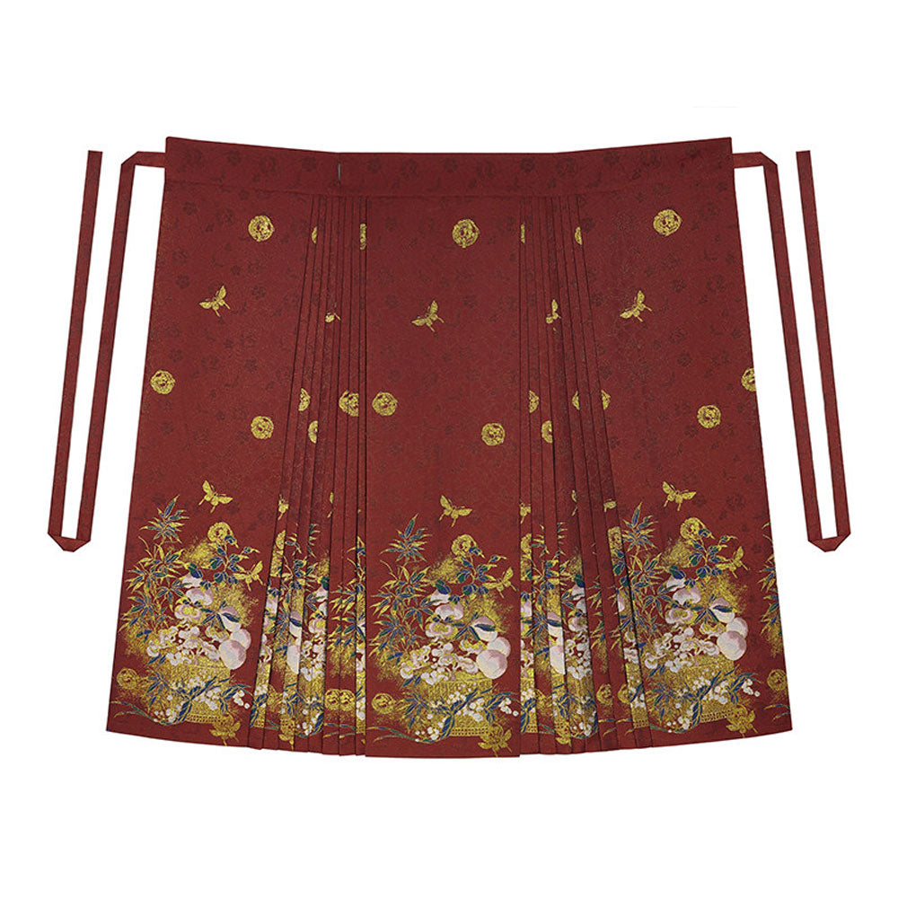 Peach & Verdant Bamboo — Ming-Style Gold-Woven Mamian Skirt Set-10