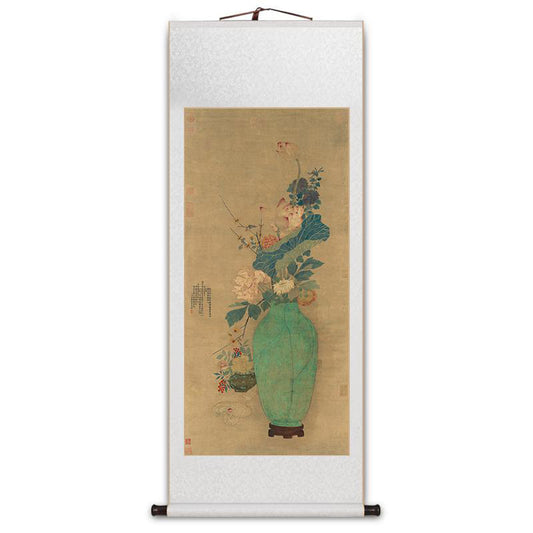 Traditional Chinese Classical Flower and Vase Silk Scroll Hanging Painting Chinese Style Wall Decoration Art-01