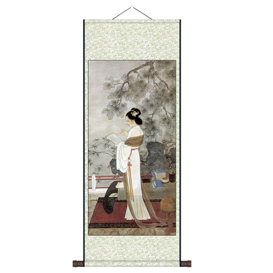 Traditional Chinese Painting Reading Lady Silk Scroll Hanging Painting Wall Decoration Art