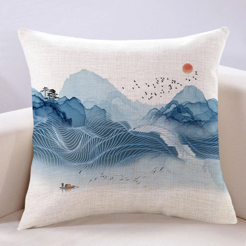 Chinese Style Blue Art Ink Landscape Painting Cotton and Linen Throw Pillow-03