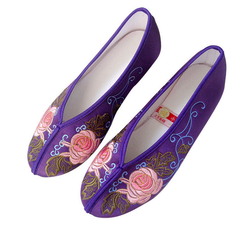 Vintage Satin Rose Embroidered Round-Toe Slip-On Flats (Multi-Color)-02