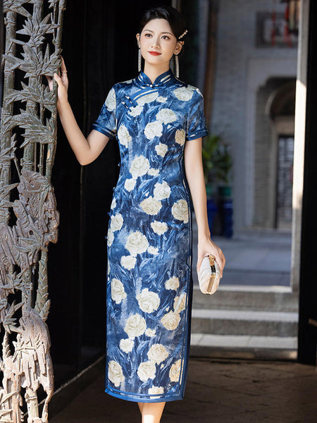 Romantic Blue Floral Vintage Qipao Cheongsam Dress for Women Blue / S