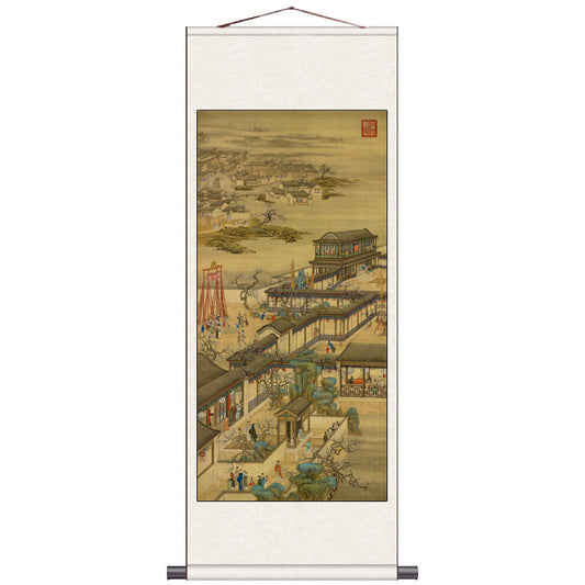 Leisure Time at the Yuanmingyuan in the Twelfth Month of the Yongzheng Reign - Traditional Chinese Silk Scroll Painting Reproduction-01