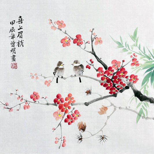 Red Plum & Magpies - Ink & Color Guohua (Doufang, 50×50 cm)