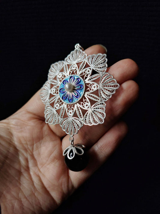 Vintage Cloisonné Silver Filigree Inlaid Freshwater Pearl Mandala Flower Necklace Pendant-01