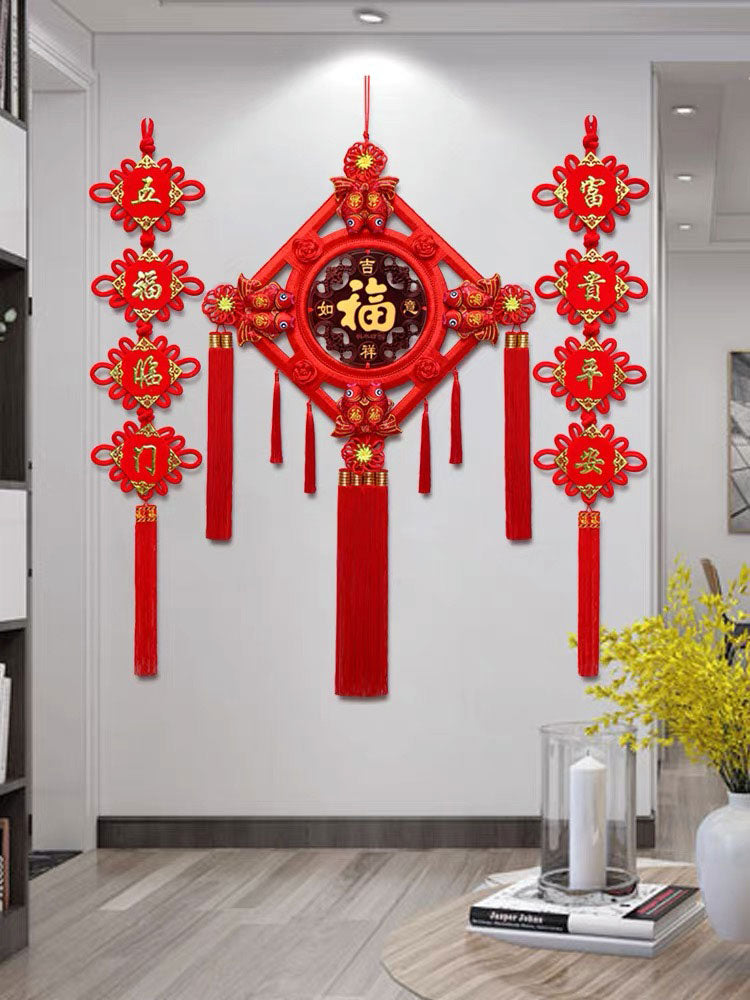 Auspicious Peach Wood Lucky Fish Chinese Knot Wall Hanging Decoration for Living Room, Housewarming Gift-01