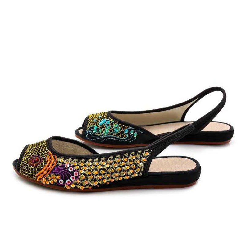 Embroidered peep-toe low-cut flats in black satin with beading and sequins