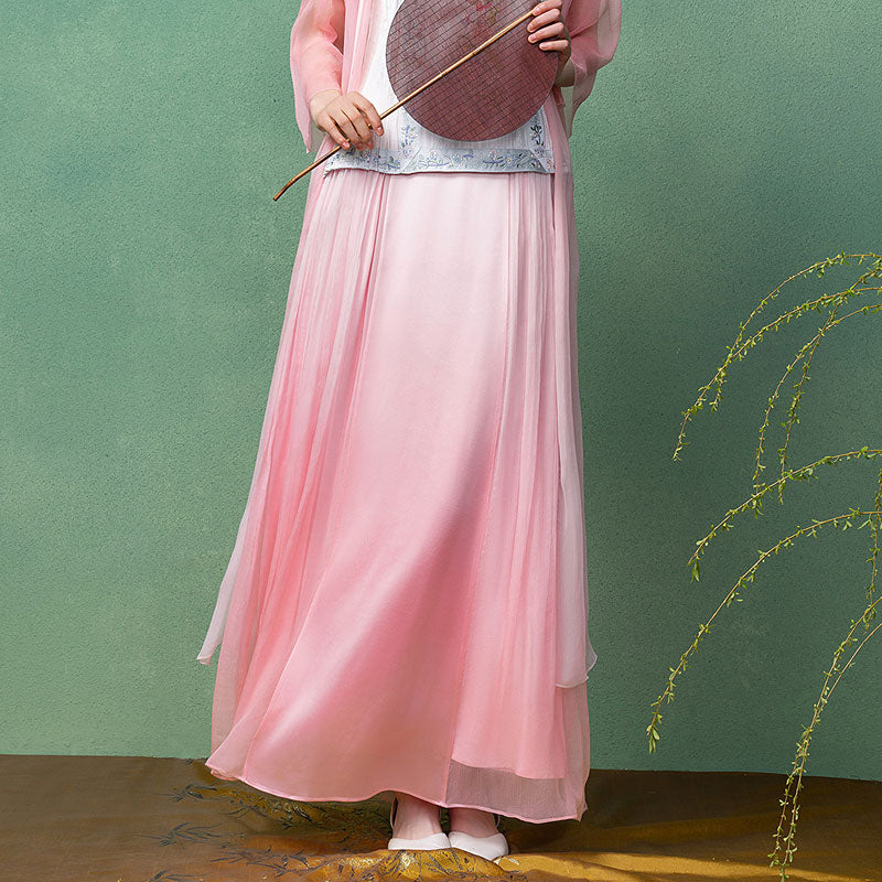 Gradient Pink Silk Modern Ma Mian Skirt – Wrap Midi Skirt for Women-01