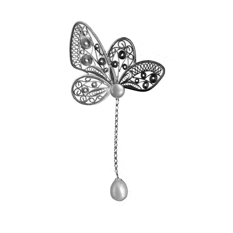 Vintage Plain Silver Filigree Butterfly Brooch/Pendant with Natural Freshwater Pearls-05