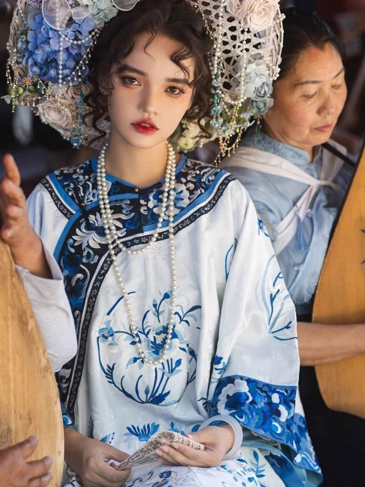 Vintage Han Elements Blue and White Porcelain Printed Jacquard Top for Women-01