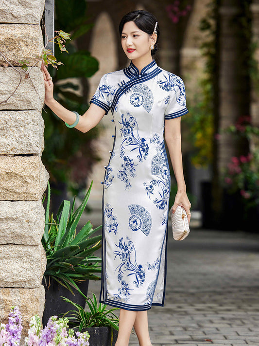 Chinese Style Classic Blue and White Porcelain Print Cheongsam Dress for Women-01