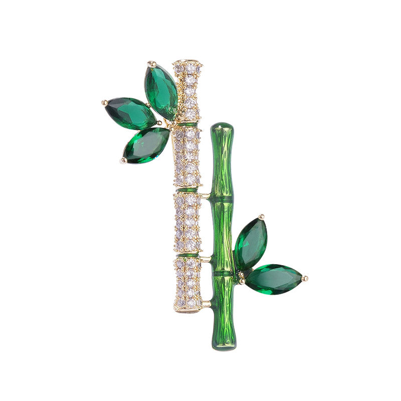 Classic Bamboo Leaf Brooch with Cubic Zirconia Chinese Style Jewelry Gift-01