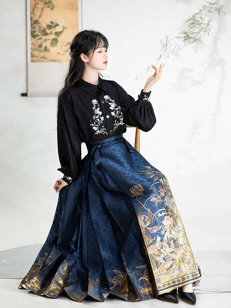 Fragrant Lotus Pond - Blue Lotus Pattern Woven Gold Mamianqun Skirt-02