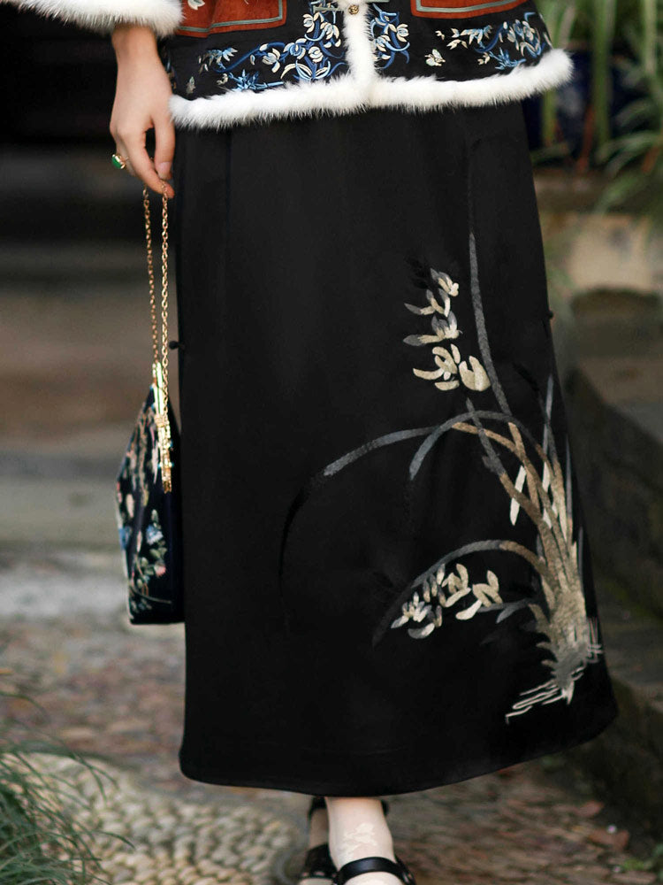 Orchid Embroidered Skirt - Black Neo-Chinese Midi Skirt-01