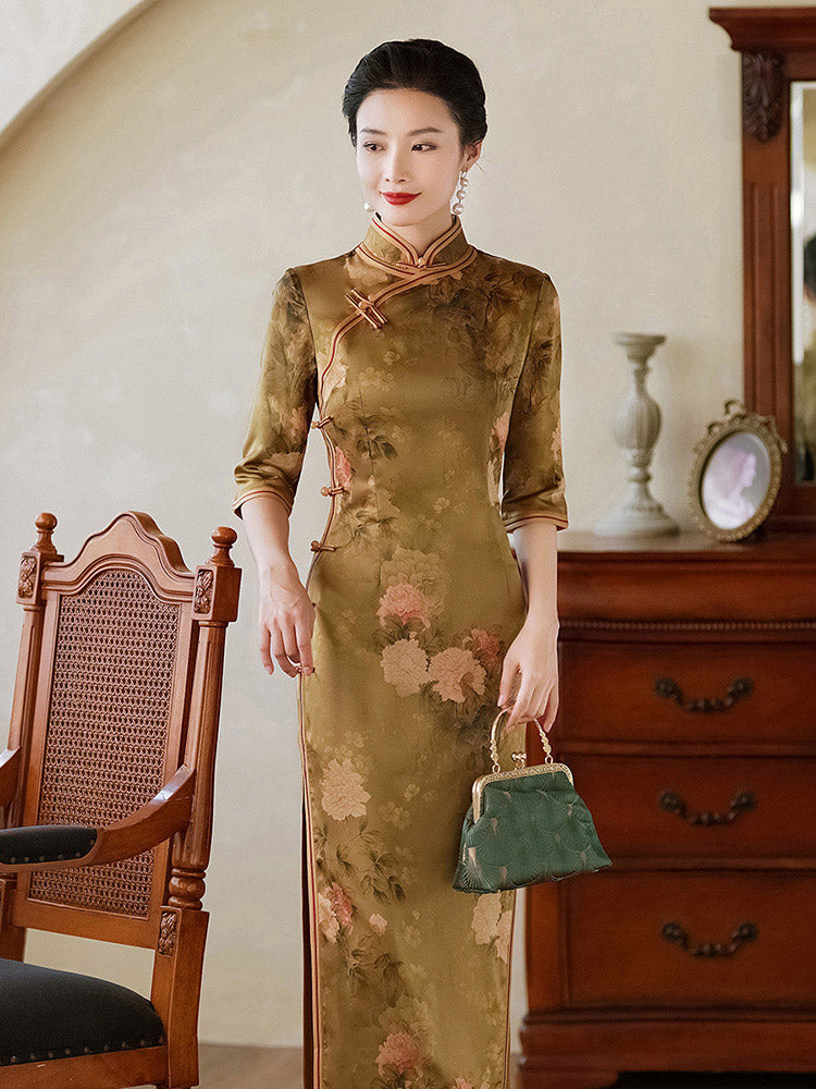 Classic Chinese Style Printed Pattern Brown Mid-length Sleeve Cheongsam Dress for Women-03