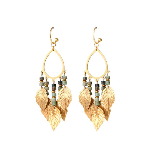 Handmade Natural Vintage Style Gold Leaf Tassel Earrings with African Turquoise-01