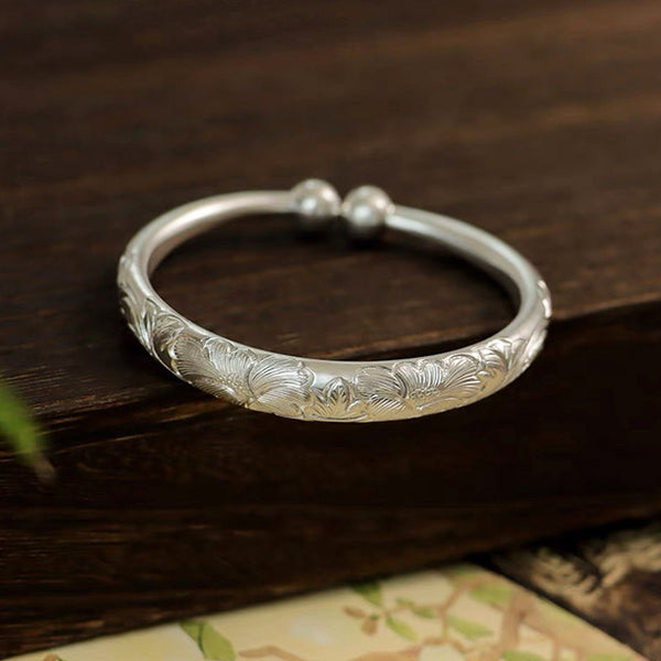 Vintage Chinese Style Hand-Carved Flower Pure Solid Silver Bangle