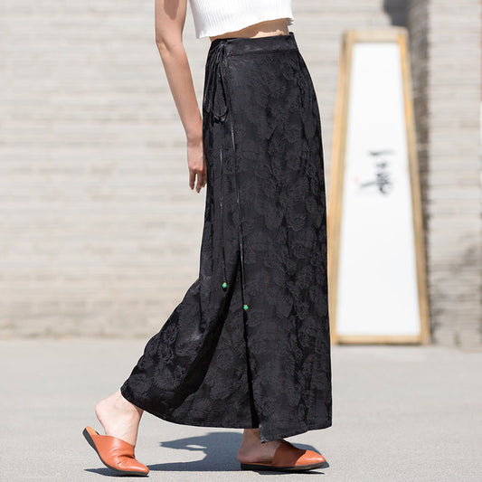 Black Vintage Chinese-style Feather Dark Pattern Jacquard Midi Skirt for Women-01