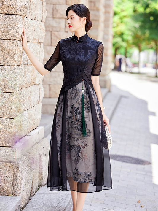 Improved Vintage Black Chinese Landscape Painting Printed Qipao Cheongsam Dress-01