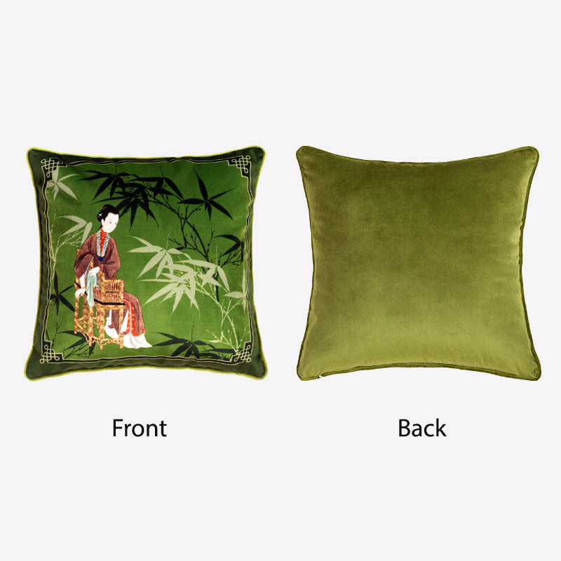 Green Chinese Style Auspicious Crane and Bamboo Series Throw Pillow-03