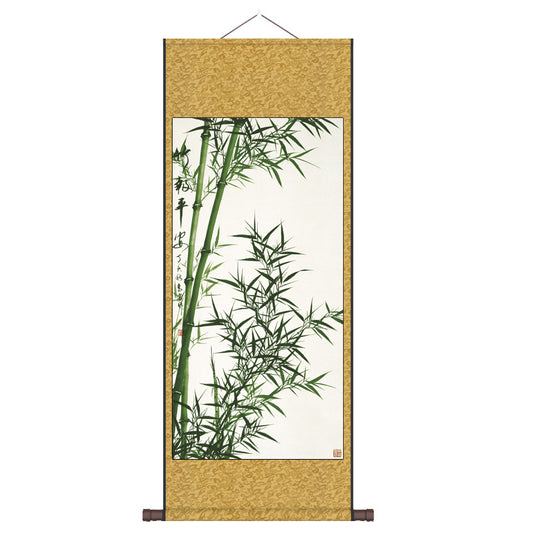 "Zhu Bao Ping An" - Blessings of Peace Brought by Lucky Bamboo, Silk Scroll Hanging Painting Reproduction Wall Decor Art-01