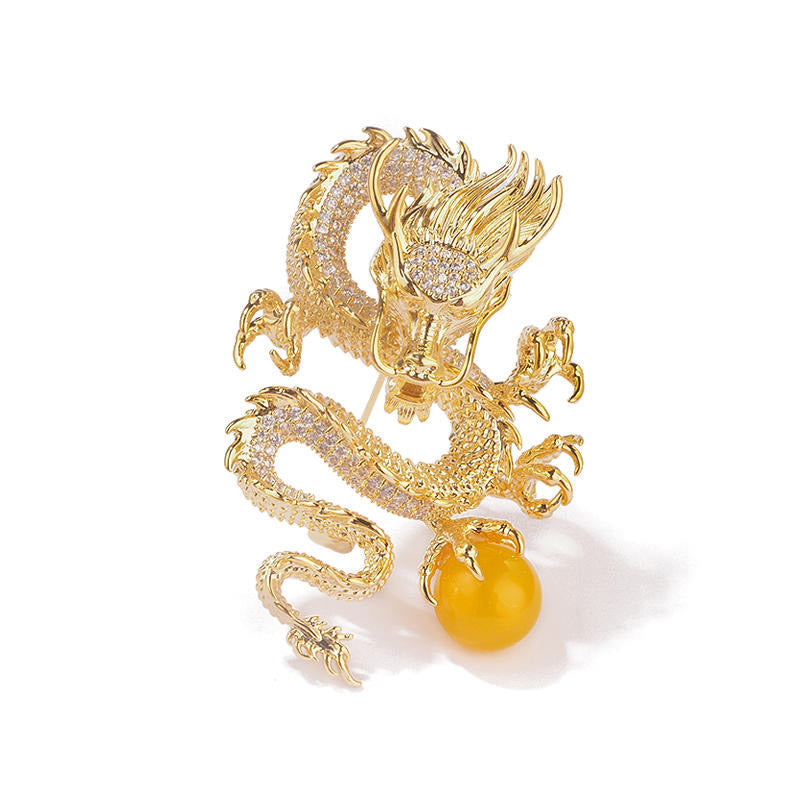 Golden Dragon Playing with Pearl - The Chinese Dragon Loong Brooch with CZ Zodiac Jewelry Gift-01