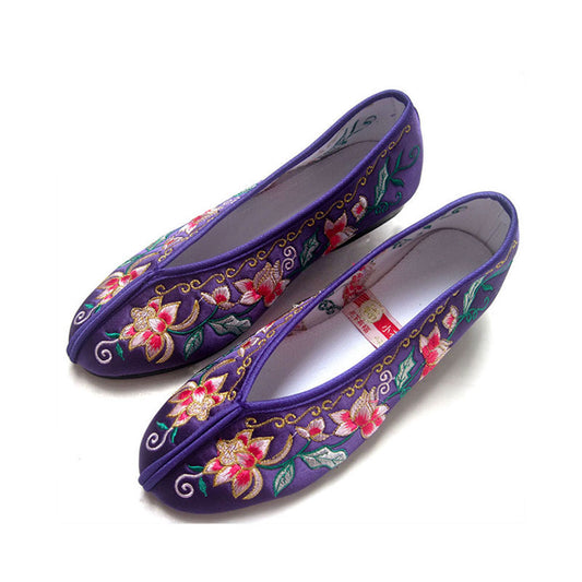 Chinese Vintage Satin Lotus Embroidered Round Toe Slip On Flats (Multi-Color)-01