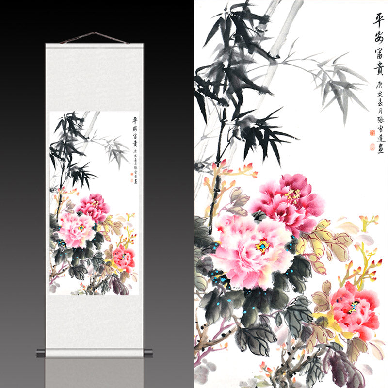 "Peace and Prosperity" Silk Scroll Hanging Painting Reproduction with Bamboo and Peony, a Home Wall Decorative Art Piece-03