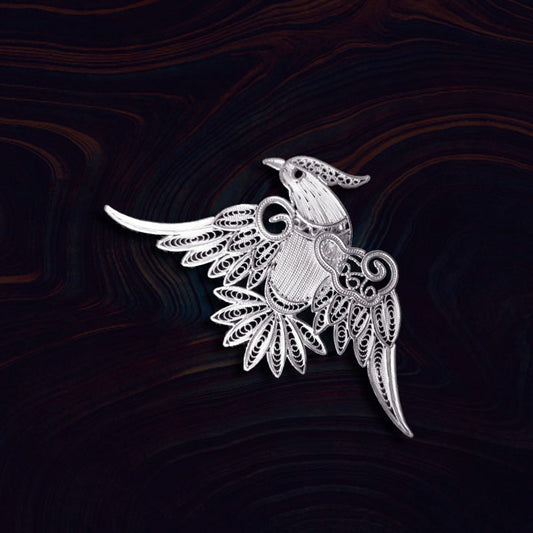 Vintage Plain Silver Filigree Auspicious Bird Phoenix Brooch for Women-01