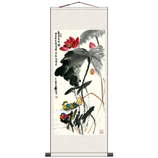 Traditional Chinese Painting Mandarin Ducks and Ink Lotus, Mandarin Ducks Playing in Water Silk Scroll Hanging Painting-01