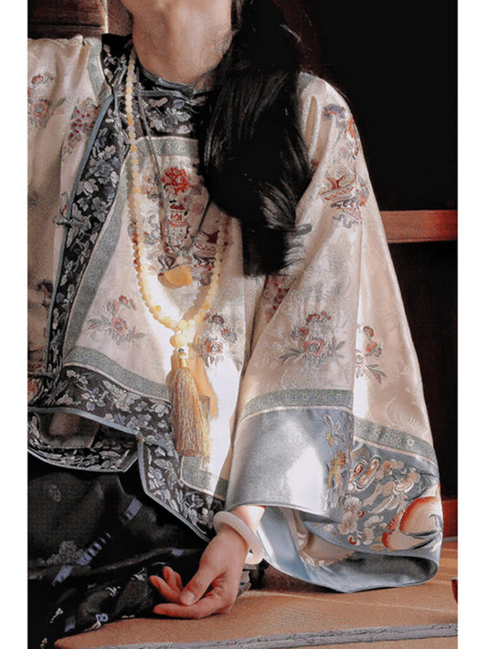 New Chinese-style Beige Han Element Printed Blouse Top with Traditional Frog Closure-01
