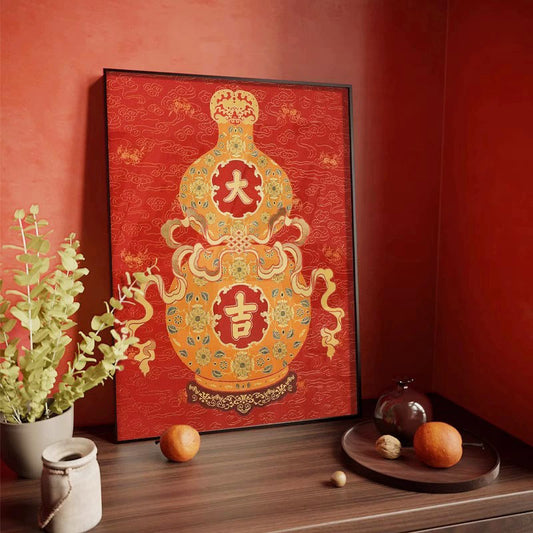 Chinese Auspicious Red Fortune, Prosperity, and Longevity Gourd Decorative Painting-01