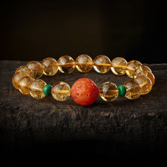 Natural Yellow Citrine Bracelet with South Red Agate Pixiu and Turquoise Beads-01