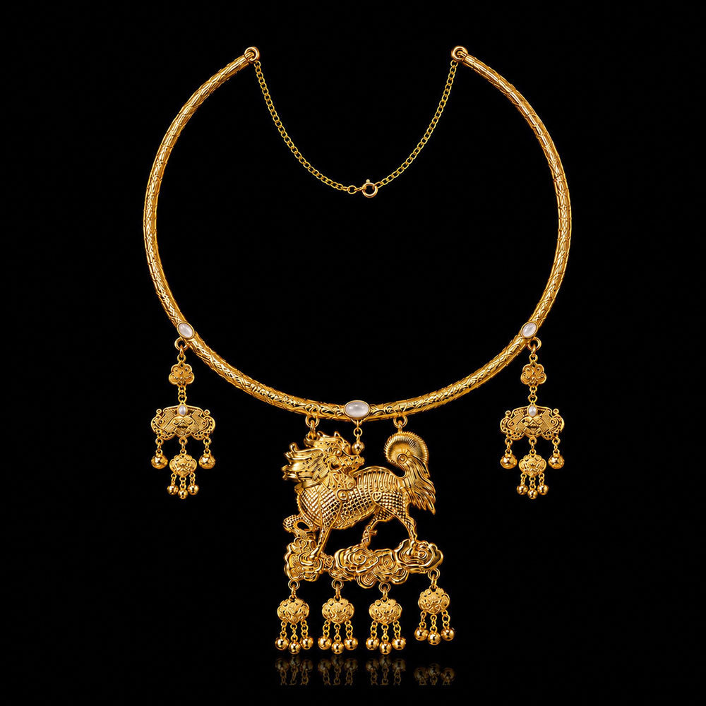 Ming-Style Qilin Ping’an Lock Yingluo Necklace-01