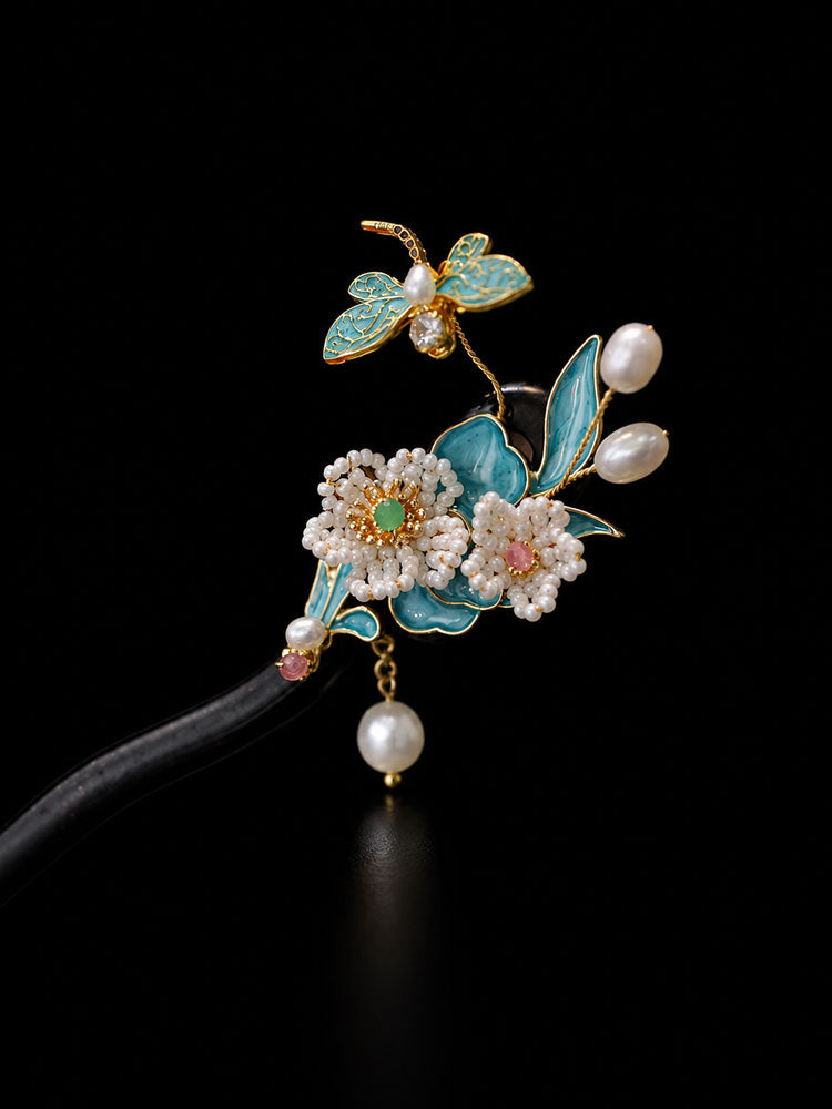 Chinese Blue Enamel Ebony Hairpin with Floral and Dragonfly Details-01