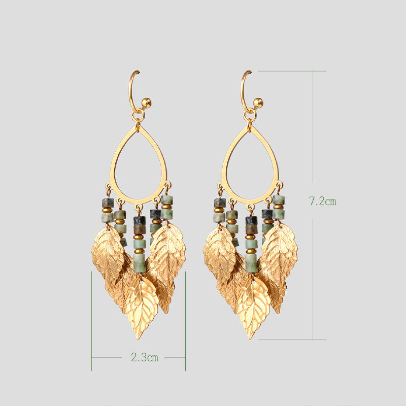 Handmade Natural Vintage Style Gold Leaf Tassel Earrings with African Turquoise-07