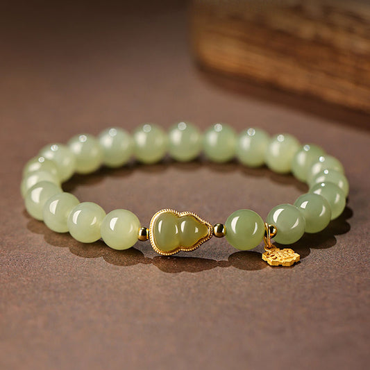 Natural Hetian Qingshui Jade Bracelet Adorned with Jade Gourd and the Chinese Character for '福' (fortune) Charm-01