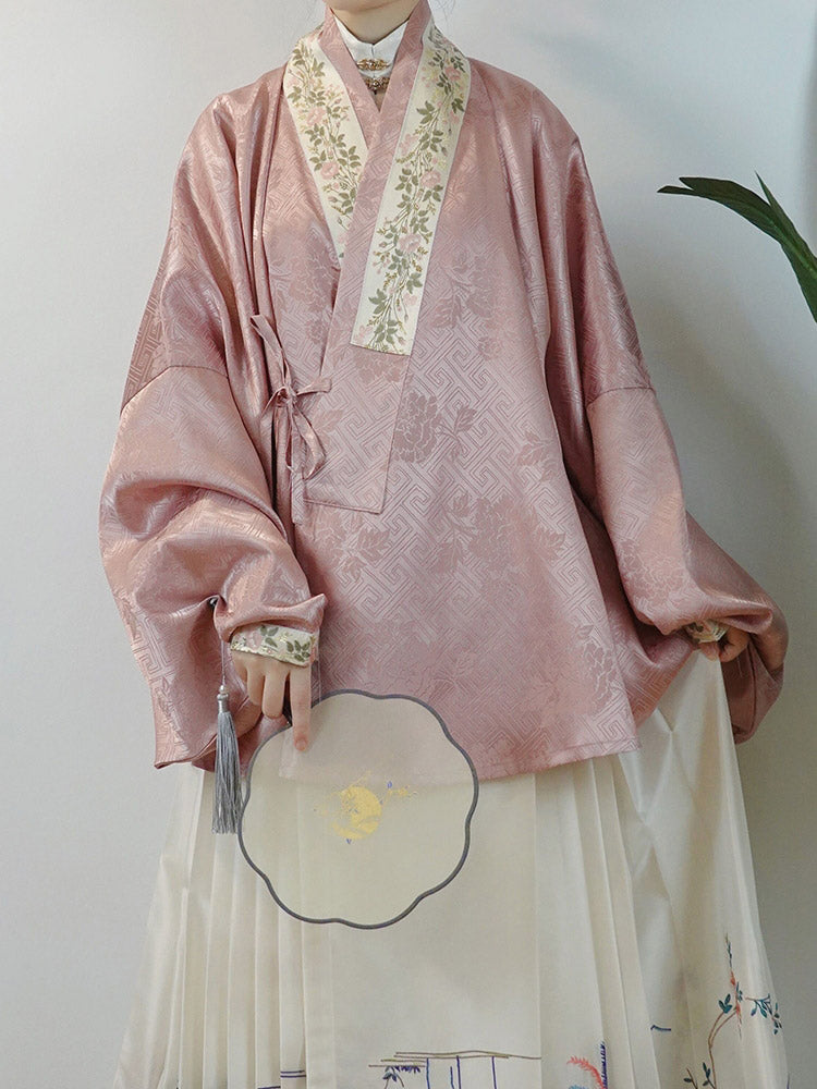 Chinese Style Ming Dynasty Pipa Sleeve Embroidered Dark-patterned Cross-collar Top for Women-01