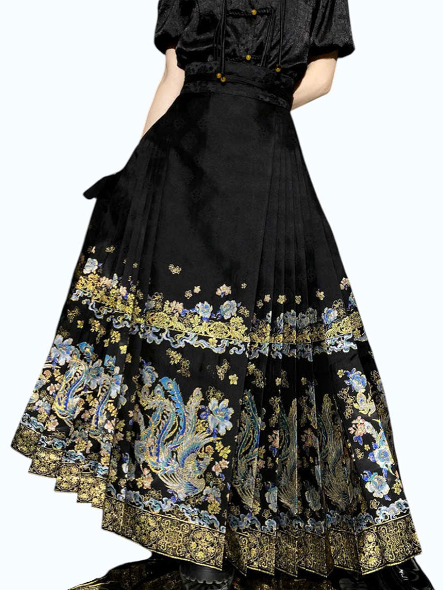 Phoenix in Flight Brocade Mamian Skirt – Ming-Style Woven Gold Hanfu Skirt-01
