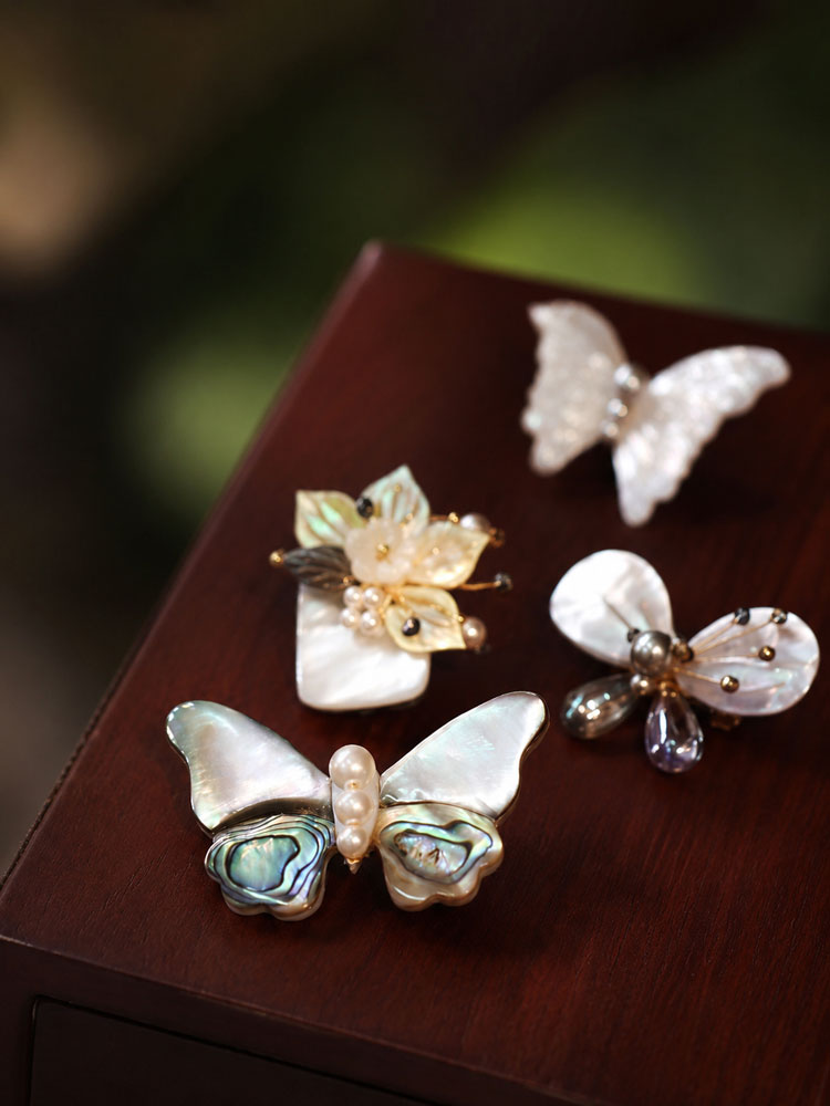 Natural Shell Butterfly & Dragonfly Brooch with Imitation Pearls-01