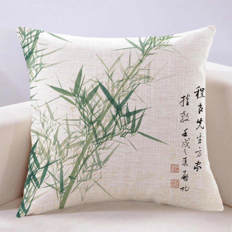 Vintage Chinese Style Ink Bamboo Leaf Landscape Painting Cotton and Linen Throw Pillow-01