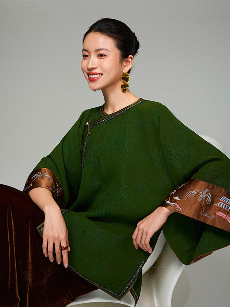 Vintage Green Embroidered Chinese Silk Blouse – Handmade 100% Mulberry Silk Women's Top-01