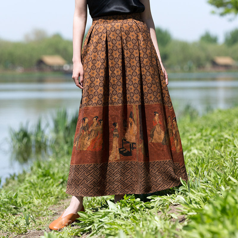 Vintage Chinese-style Mulberry Silk Court Banquet Print Retro Patterned Midi Skirt for Women-02