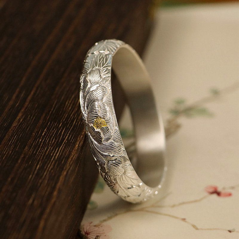 Hand-Carved Chinese Style Vintage Peony Pattern Pure Silver with Gold Inlay Opening Bangle Bracelet-02