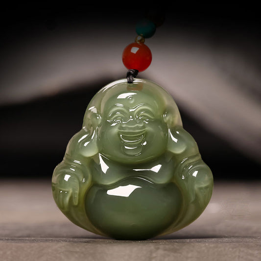 Natural Xinjiang Hetian Jade Green Jade Maitreya Buddha Jade Pendant Necklace-01
