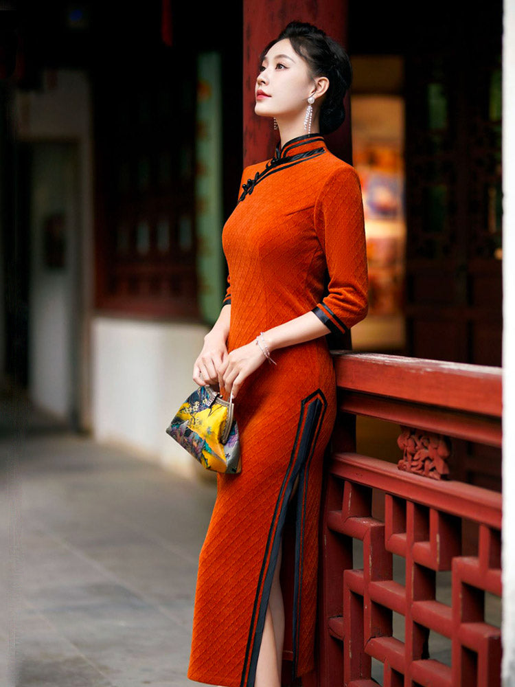 Orange with Black Trim Vintage Geometric Embossed Cheongsam Dress for Women-01