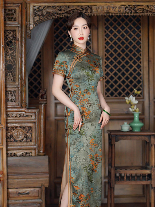 Chinese Style Vintage Bamboo Leaf and Flower Printed Cheongsam Dress for Women in Light Aqua Green Traditional Color-01