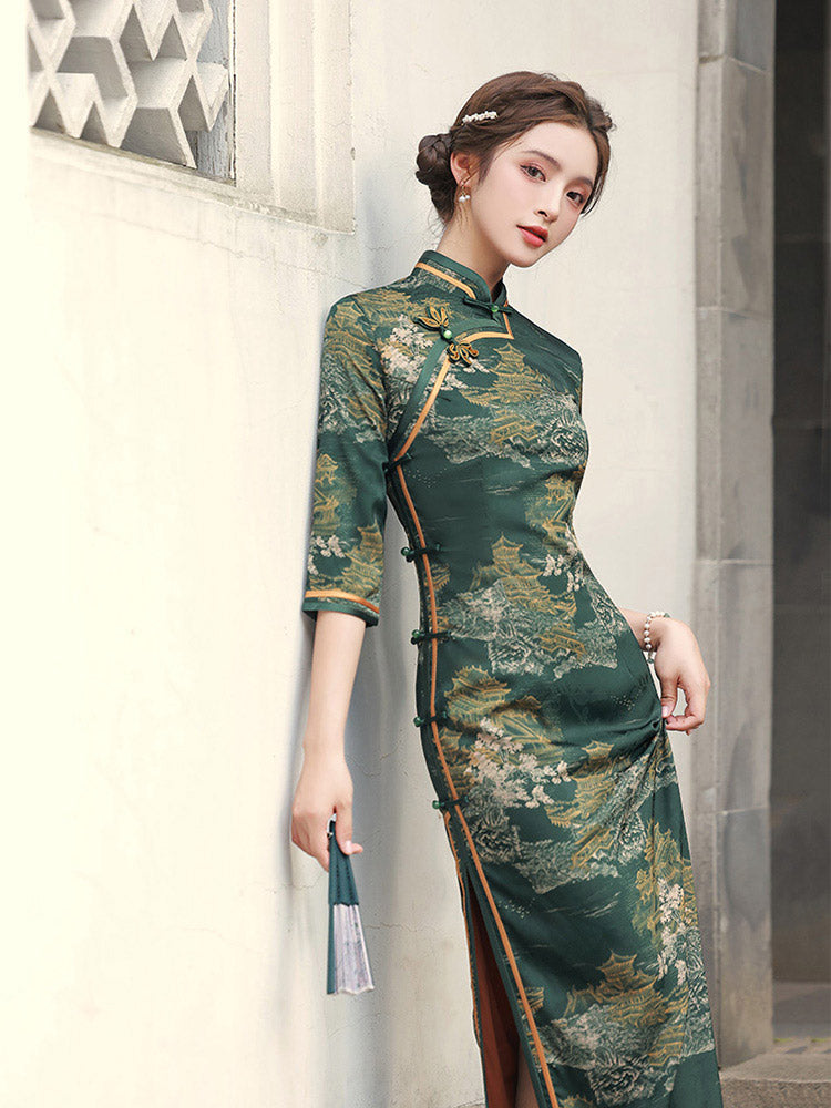 Vintage Ink Green Chinese Ancient Architecture Printed Mid-sleeve Cheongsam Dress-03