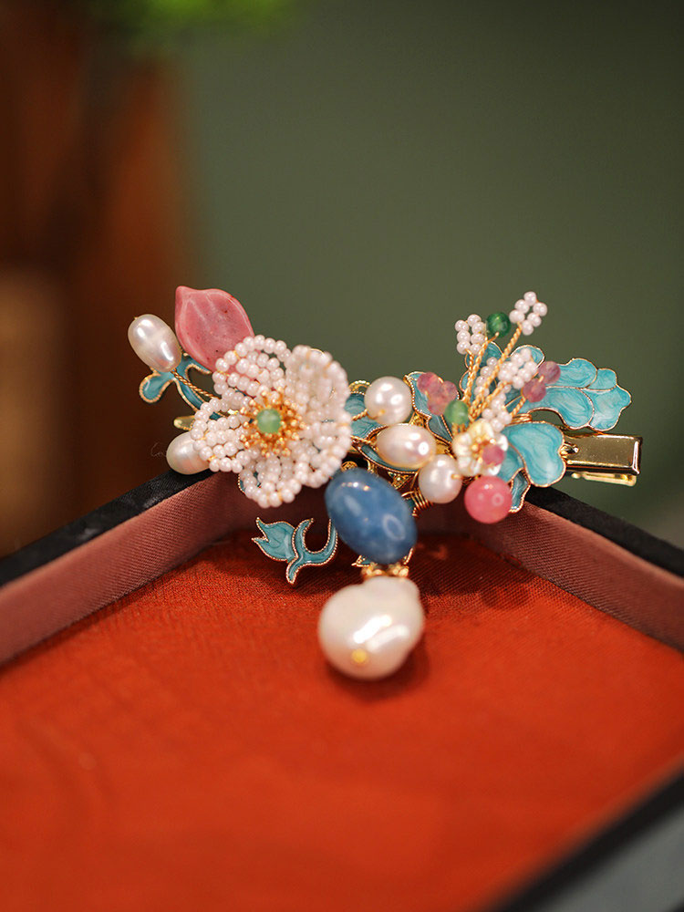 Chinese Blue Enamel Floral Hair Clip with Pearl Accents-02