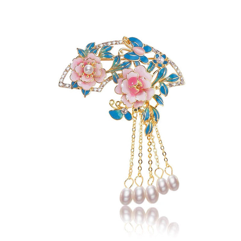 Chinese Cloisonné Pink Peony Fan-Shaped Brooch with Freshwater Pearl Tassel-01